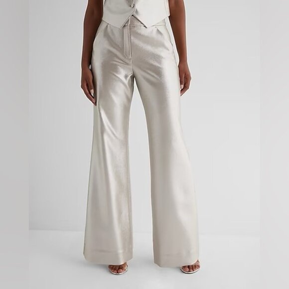 Express Editor Flare Trouser Women Sz 2. Gold Metallic Highrise Stretch Pockets - Picture 1 of 8
